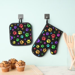 Farbenfrohe Paw Prints Design Ofenhandschuh & Topflappen-Set