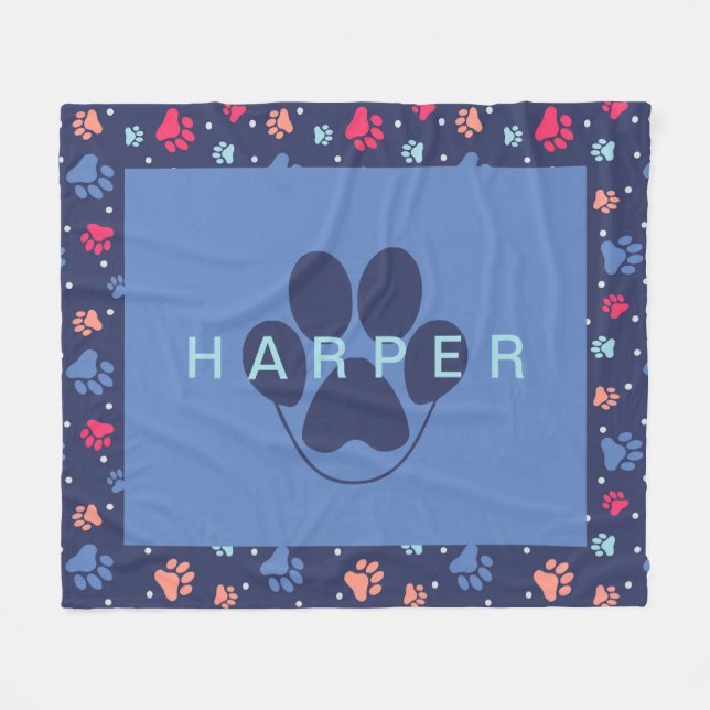 Farbenfrohe Paw Prints Personalisierte blaue Navy  Fleecedecke (Vorderseite (Horizontal))