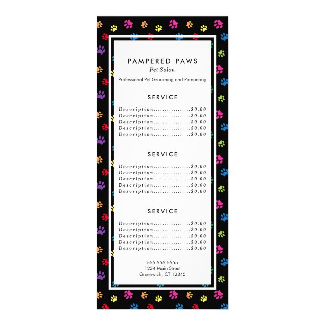 Farbenfrohe Paw Prints Salon Service Werbekarte (Vorne)