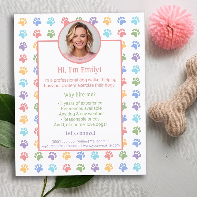 Farbenfrohe Paws Custom Foto Dog Walker Services Flyer (Von Creator hochgeladen)