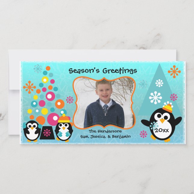 Farbenfrohe Penguins Holiday Gruß Karte (Vorderseite)
