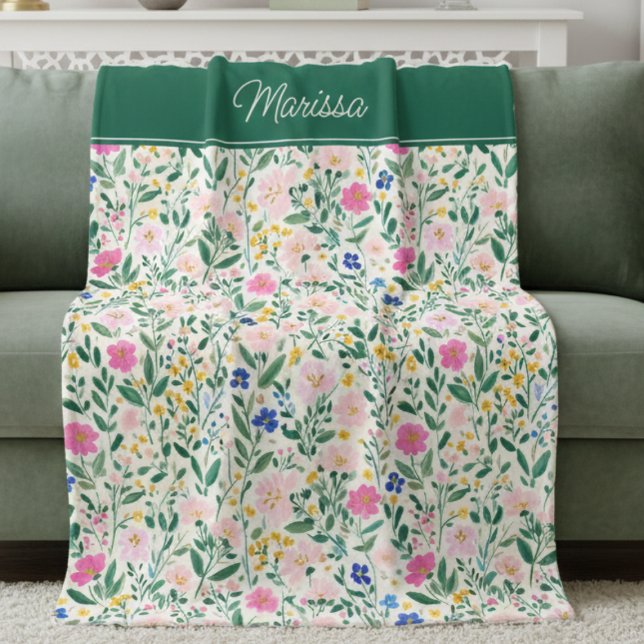 Farbenfrohe personalisierte Floral-Fleece-Decke Fleecedecke (cute colorful forest green floral pattern blanket with pink blue flowers and custom monogram name)