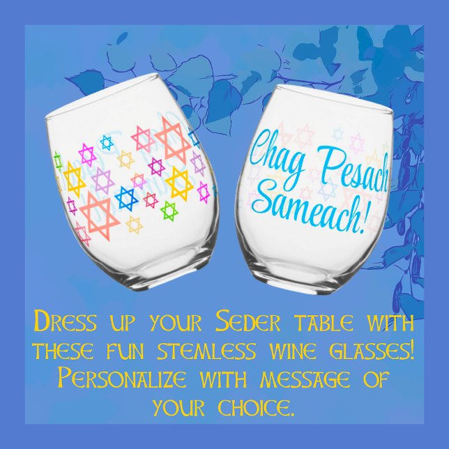 Farbenfrohe Personalisierte Pessach-Sterne von Dav Weinglas Ohne Stiel (Colorful Stars of David decorate these stemless wine glasses. Personalize as you like.)