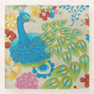 Farbenfrohe Pfaue und Blume Glasuntersetzer