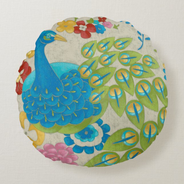 Farbenfrohe Pfaue und Blume Rundes Kissen (Vorderseite)