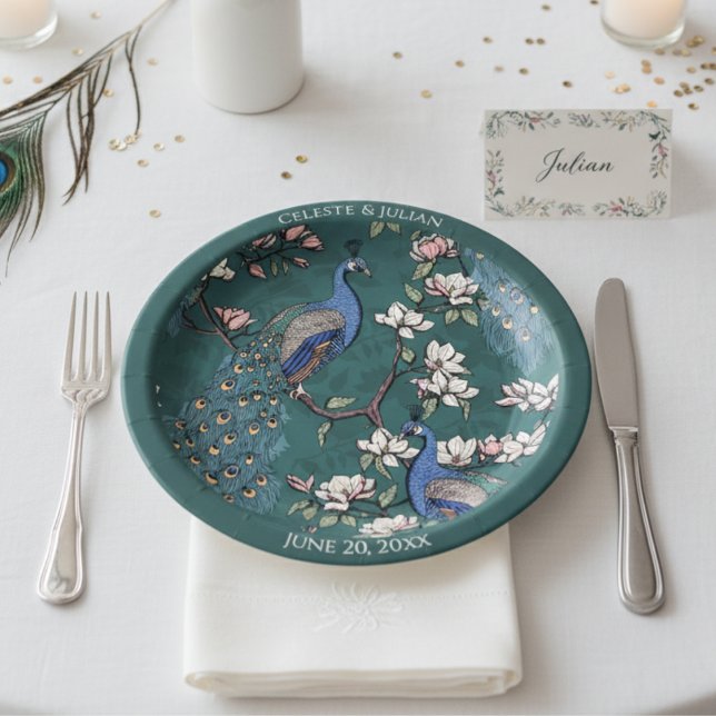 Farbenfrohe Pfauendunkel Aquamarin Pappteller (Elegant Teal Floral Peacock Plates for Wedding or Anniversary. Colorful Peacock Feather & Flowers)