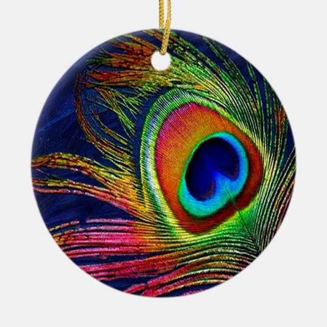 Farbenfrohe Pfauenfeder Keramik Ornament (Vorne)