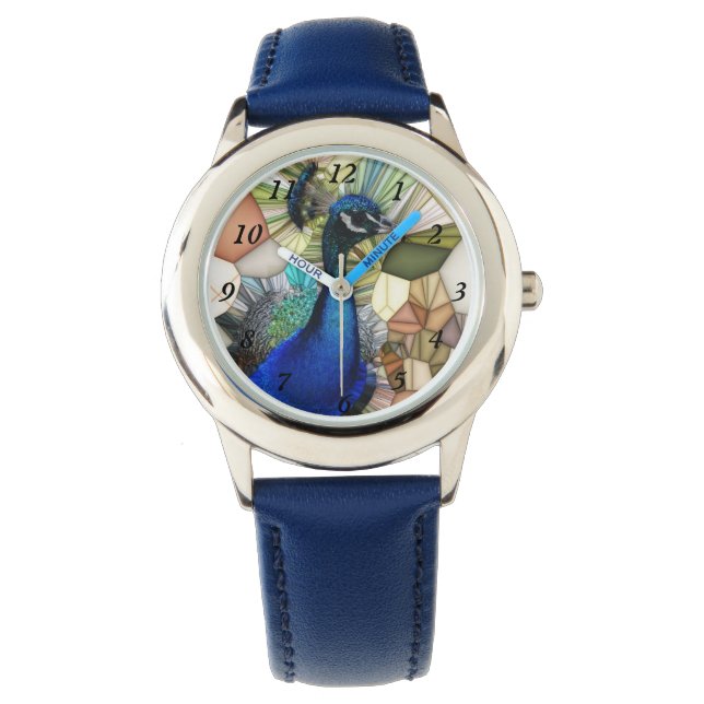 Farbenfrohe Pfauenmosaike Kinder beobachten Armbanduhr (Vorderseite)