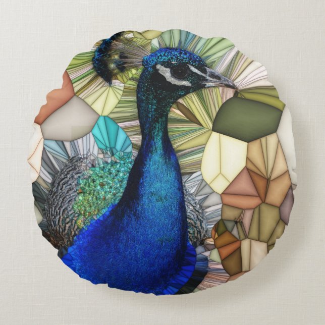 Farbenfrohe Pfauenmosaike Rundes Kissen (Vorderseite)