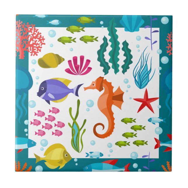 Farbenfrohe Pflanze und Tiere Cartoon Illustration Fliese (Vorderseite)