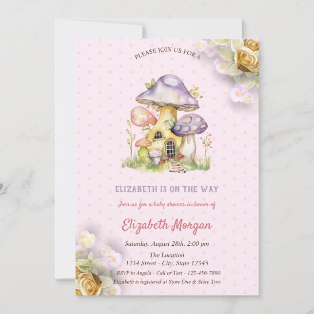 Farbenfrohe Pilze Gold Rose Polka Dots Einladung (Vorderseite)