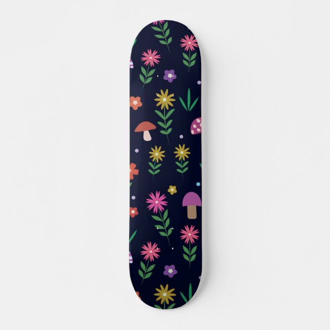 Farbenfrohe Pilze mit Muster aus weißer Blume Skateboard (Vorne)