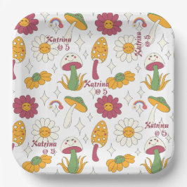 Farbenfrohe Pilze, Regenbogen und Daisis Muster Pappteller