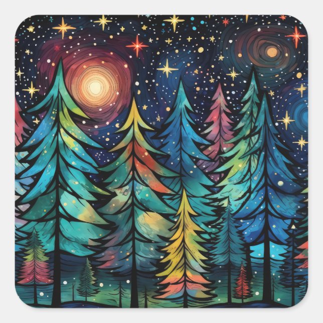 Farbenfrohe Pines in der Sternenhimmel Quadratischer Aufkleber (Vorderseite)