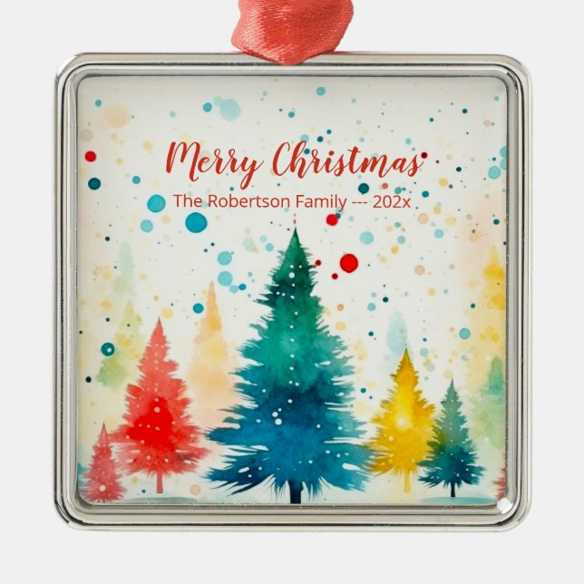 Farbenfrohe Pinienbäume Frohe Weihnachten Ornament Aus Metall (Vorne)