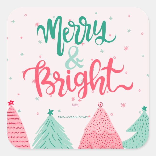 Farbenfrohe Pinienbäume Merry & Bright Pink Quadratischer Aufkleber (Vorderseite)