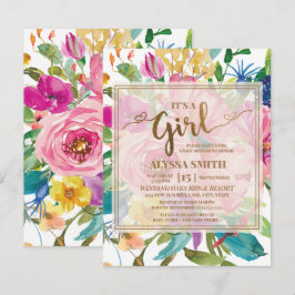 Farbenfrohe Pink Yellow Floral Script Baby Dusche Einladung