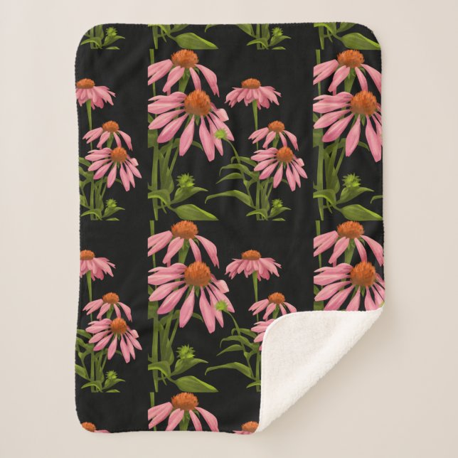 farbenfrohe Pinkblumen auf schwarzem Hintergrund Sherpadecke (Vorderseite)