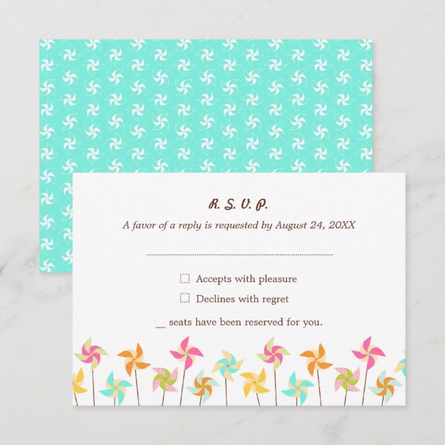 farbenfrohe Pinwheel-Hochzeit RSVP Karte (Vorne/Hinten)