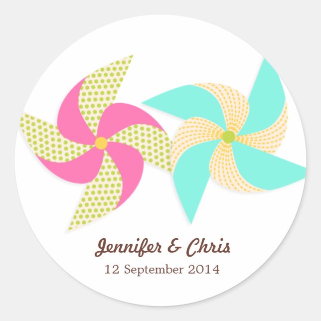 farbenfrohe Pinwheel-Hochzeit Runder Aufkleber (Vorderseite)