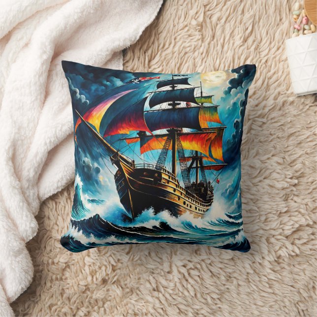 Farbenfrohe Piratenschiff auf Vollmond Kissen (Decke)