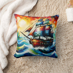 Farbenfrohe Piratenschiff bei Sonnenuntergang Kissen