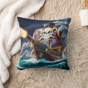 Farbenfrohe Piratenschiff, das durch die Sturmsee  Kissen