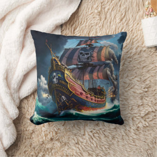 Farbenfrohe Piratenschiff, das stürmische Meere be Kissen