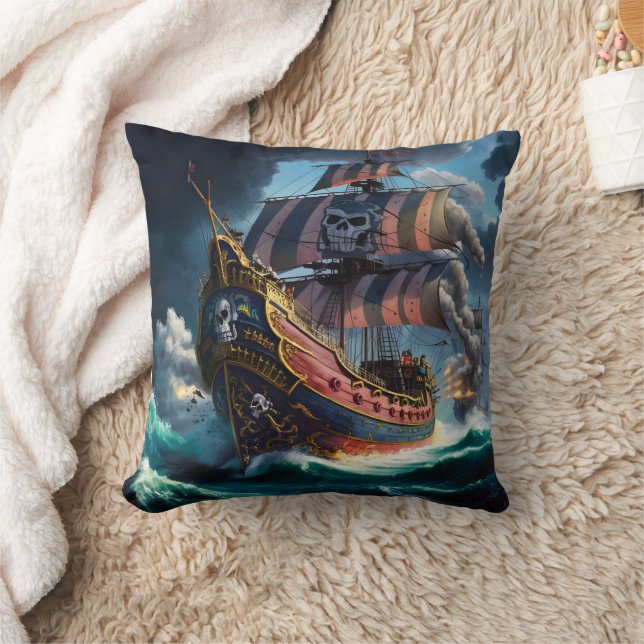 Farbenfrohe Piratenschiff, das stürmische Meere be Kissen (Decke)