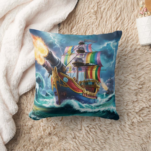 Farbenfrohe Piratenschiff, das stürmische Meere be Kissen (Decke)