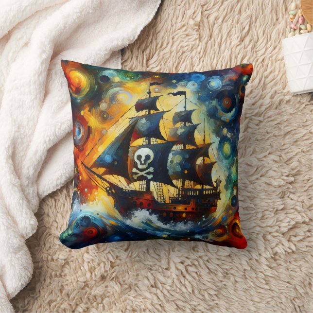 Farbenfrohe Piratenschiff, das stürmische Meere be Kissen (Decke)