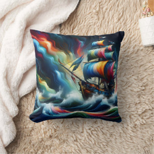 Farbenfrohe Piratenschiff durch lebhafte Wellen se Kissen