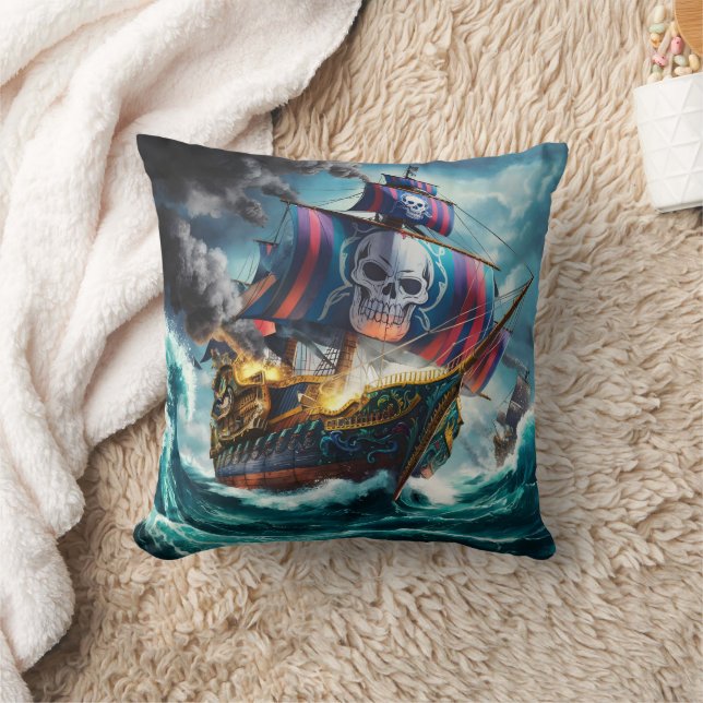 Farbenfrohe Piratenschiff gegen turbulente Meere Kissen (Decke)