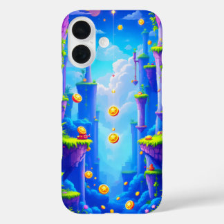 Farbenfrohe Pixelwelt mit schwimmenden Plateaumünz iPhone 16 Hülle