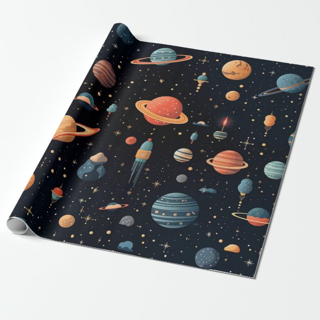 farbenfrohe Planeten und Raumgestaltung. Geschenkpapier (Ungerollt)