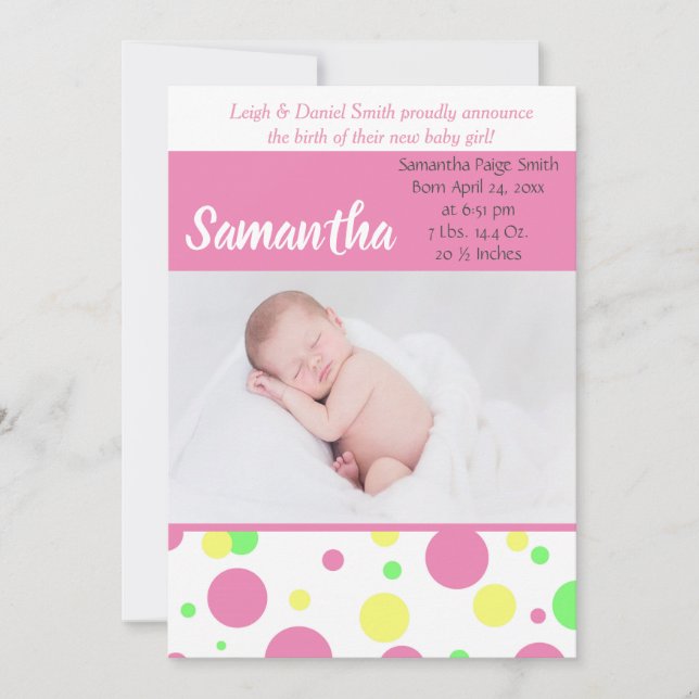 Farbenfrohe Polka Dots | Baby Girl Foto Birth Ankündigung (Vorderseite)