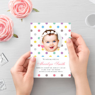 Farbenfrohe Polka Dots Foto Geburtsankündigung Ankündigung