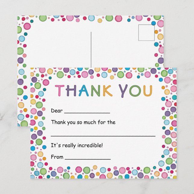 Farbenfrohe Polka Dots Kinder Vielen Dank Postkarte (Vorne/Hinten)
