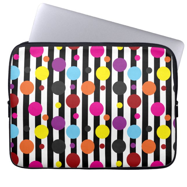 Farbenfrohe Polka Dots Schwarz-weiße Streifen Desi Laptopschutzhülle (Vorderseite)