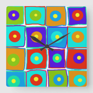 Farbenfrohe Polka Dots & Squares Kunstschloss Quadratische Wanduhr