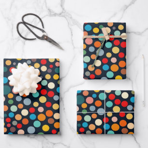 Farbenfrohe Polka Punkte auf dunklem Hintergrund Geschenkpapier Set