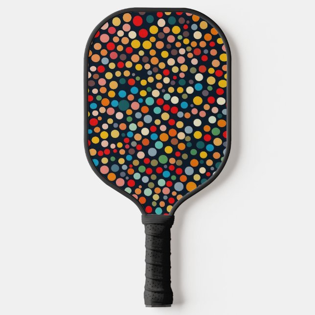 Farbenfrohe Polka Punkte auf dunklem Hintergrund Pickleball Schläger (Vorderseite)