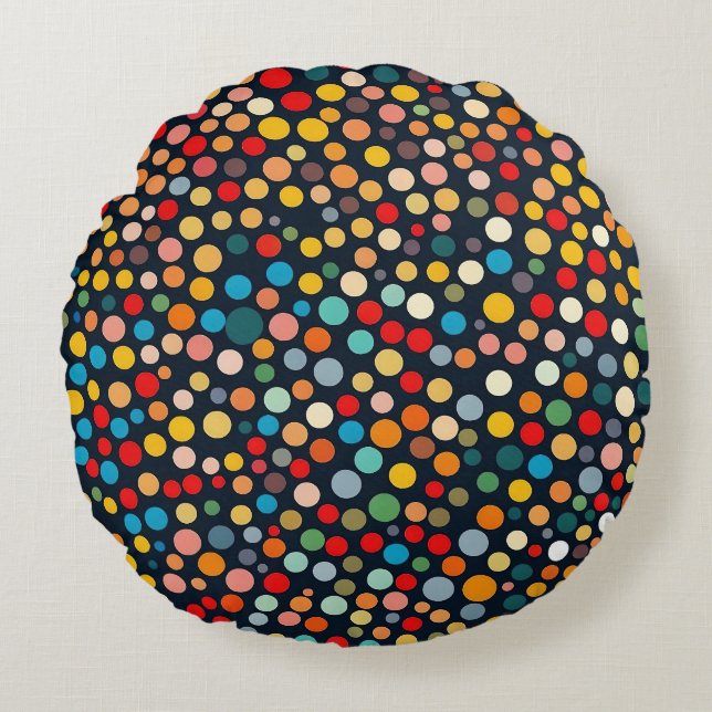 Farbenfrohe Polka Punkte auf dunklem Hintergrund Rundes Kissen (Vorderseite)
