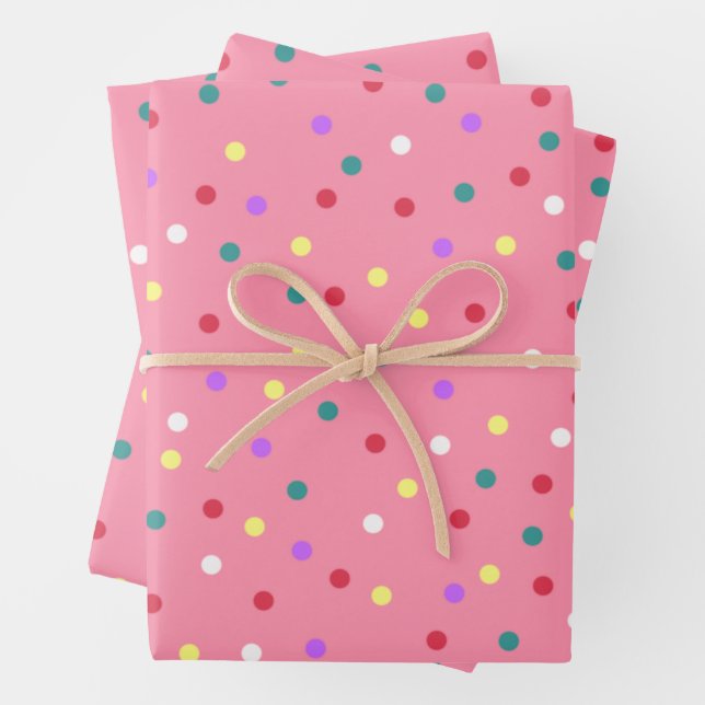 Farbenfrohe Polka Punkte auf Rosa Geschenkpapier Set (Beispiel)