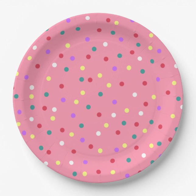 Farbenfrohe Polka Punkte auf Rosa Pappteller (Vorderseite)