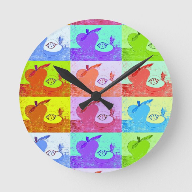 Farbenfrohe Pop Art Apple Runde Wanduhr (Vorderseite)
