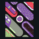 Farbenfrohe Pop Art Candy Pattern Poster<br><div class="desc">Ein abstraktes,  spielerisches Pop-Design mit süßgeprägten Mustern in leuchtend kalkgrün,  lila und rot auf fett schwarzem Hintergrund. Jede Bonbons-Form ist mit Sprinklen,  Streifen und Punkten dekoriert und schafft so einen lustigen und dynamischen Memphis-inspiriert Stil. Die lebendige Komposition bringt eine süße,  moderne und jugendliche Ästhetik.</div>