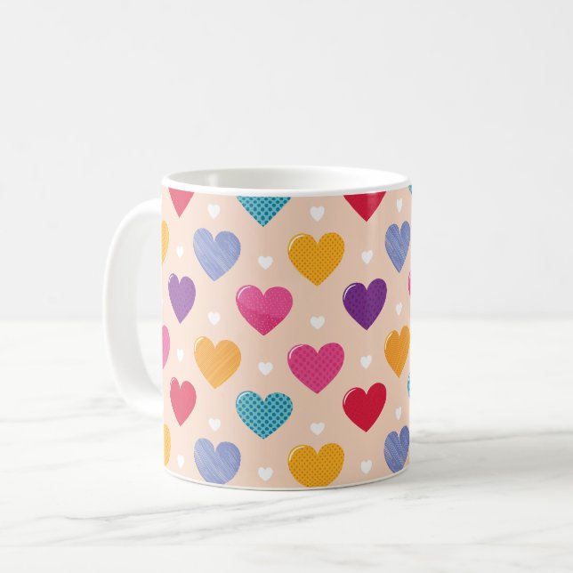 Farbenfrohe Pop Art Herzstück Muster Kaffeetasse (Vorderseite Links)