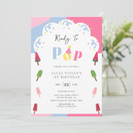 Farbenfrohe Popsität bereit zum Pop 1. Geburtstag Einladung