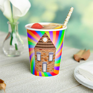 Farbenfrohe Psychedelic Brick House Rainbow Design Pappbecher